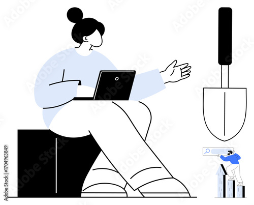 Woman using a laptop while gesturing, large gardening trowel next to her, miniature person examining with a magnifying glass on bar charts. Ideal for analysis, growth, eco-tech, teamwork