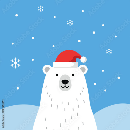 Polar bear in a santa hat with snowy backdrop for christmas designs, winter promotions, holiday greetings, seasonal social media posts.