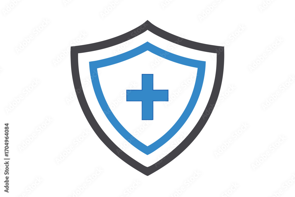 Fototapeta premium Blue Plus Sign Inside Shield Icon on White Background Flat