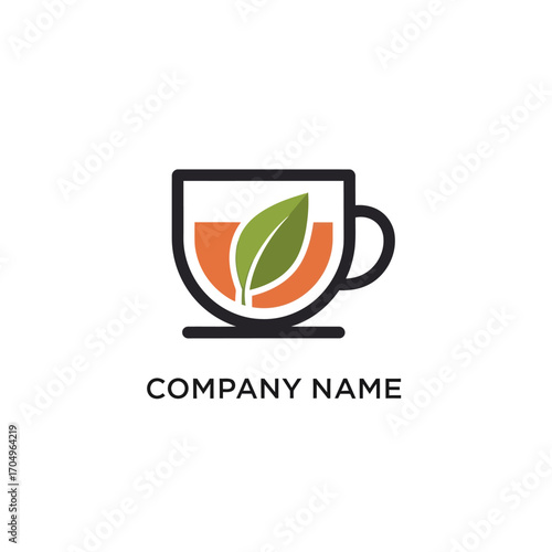 Minimalist Tea Cup Logo with Green Leaf Icon.