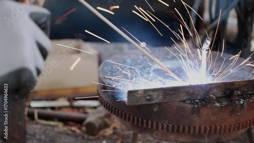 Track Shot Zoom Side View Construction Industrial Factory or Metalwork Concept by Mechanic or Technician Welder Welding Steel