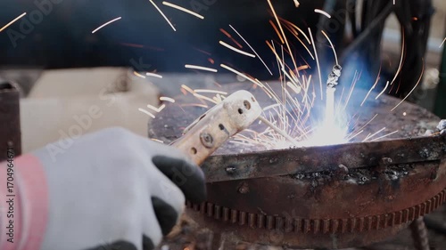 Zoom Side View Construction Industrial Factory or Metalwork Concept by Mechanic or Technician Welder Welding Steel
