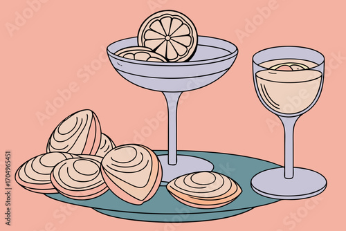 Vector art of elegant still life of oysters on a plate with cocktail and wine, evoking a sense of luxury and indulgence, vector illustration