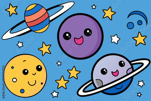 Vector art of whimsical cartoon planets and stars floating in a bright blue space, perfect for childrens illustrations and educational materials, vector illustration