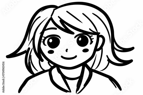 Vector art of anime girl with short hair, featuring a cute face, big eyes, and simple black and white line art style