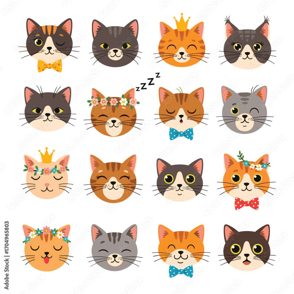 Fototapeta premium A delightful collection of adorable cat faces with charming accessories.