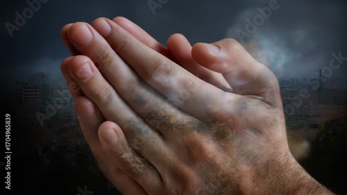 A hand is shown with a lot of dirt on it. The hand is in a prayer position. Close up praying hands with faint Gaza city silhouette background, dramatic muted ceasefire