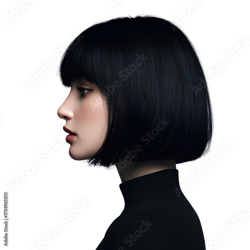 Elegant Woman in Black Turtleneck – Side Profile Portrait with Bob Haircut