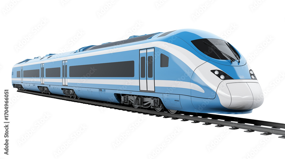 Naklejka premium Modern blue and white passenger train ready for fast travel across the countryside