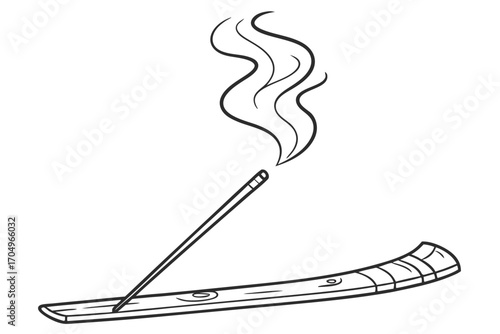 Burning Incense Stick with Smoke & Wooden Holder, Outline on White Background