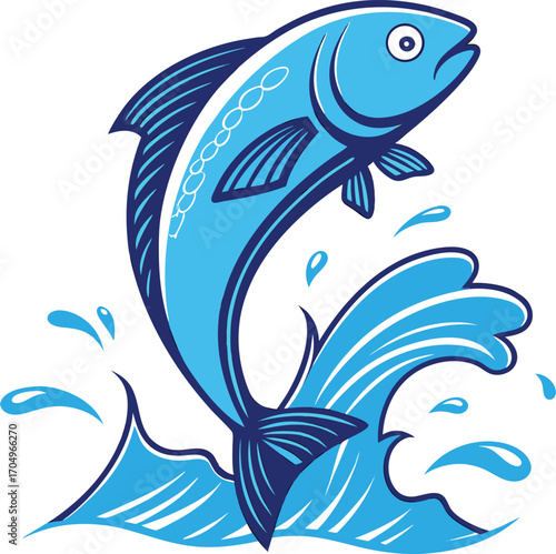 Vector art of a vibrant blue fish leaping out of stylized blue waves, isolated on a