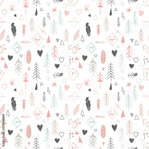 A whimsical and charming boho forest pattern featuring hand-drawn trees hearts and feathers.