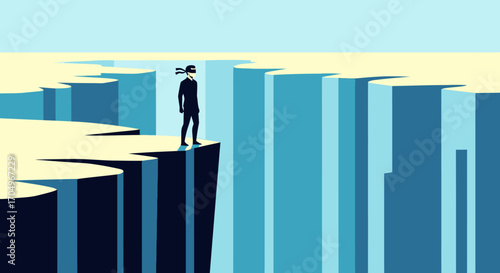 Minimalist Flat Illustration of Blindfolded Man Standing on Cliff Edge Danger