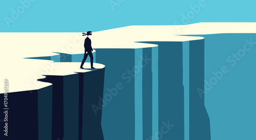 Minimalist Blindfolded Businessman Walking on Edge of Cliff Illustration