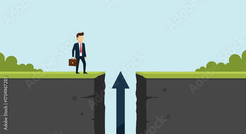 Minimalist Businessman Standing on Edge of Cliff with Arrow Illustration