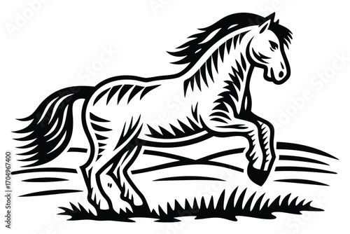 Cartoon Horse Running Vector, Horse Illustration, Black and White Drawing Style