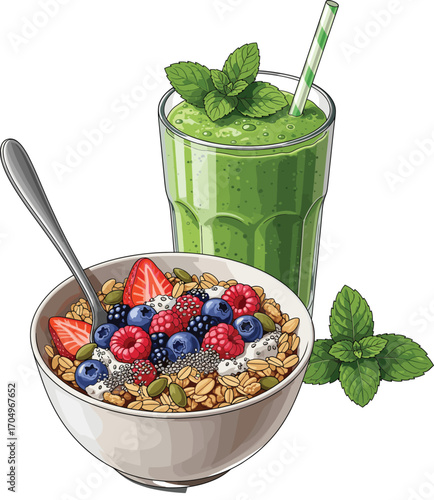 Gourmet Green Smoothie with Breakfast Bowl and Props Vector 2