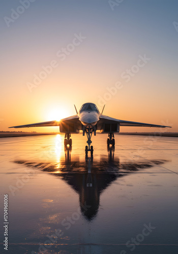 Modern Jet Plane with Reflections at Sunrise High Speed Travel