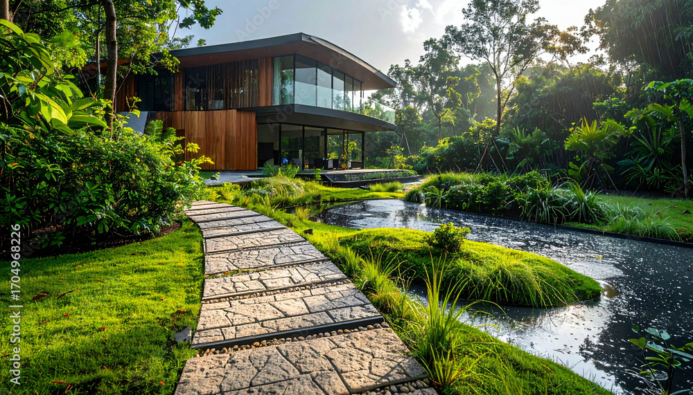 Fototapeta premium Modern house with walkway and pond