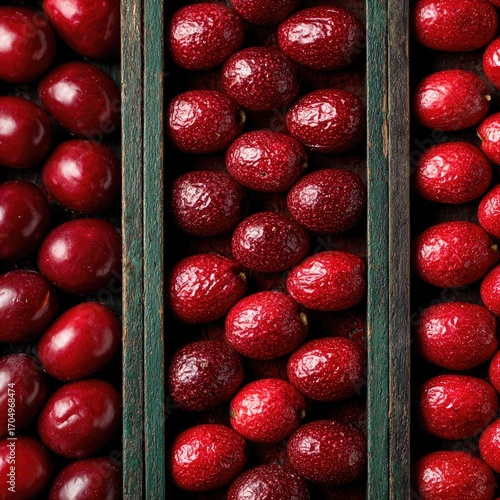 Close-up of red berries in wooden crates