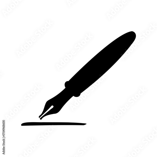 Black and white illustration of a fountain pen drawing a line