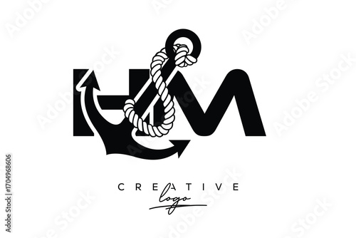 Hm Creative Monogram Latter Logo with Anchor and Rope Design Minimalistic Logo Design 