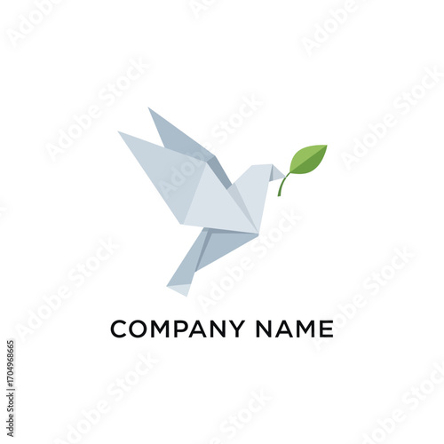 Origami dove holding a green leaf representing peace and harmony for company branding.