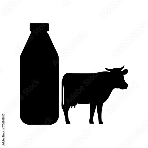 Silhouette depiction of milk bottle and cow as symbol of dairy production