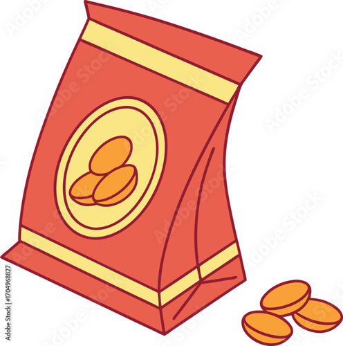 Vector art of a red bag of snacks with yellow stripes and some snacks spilled out