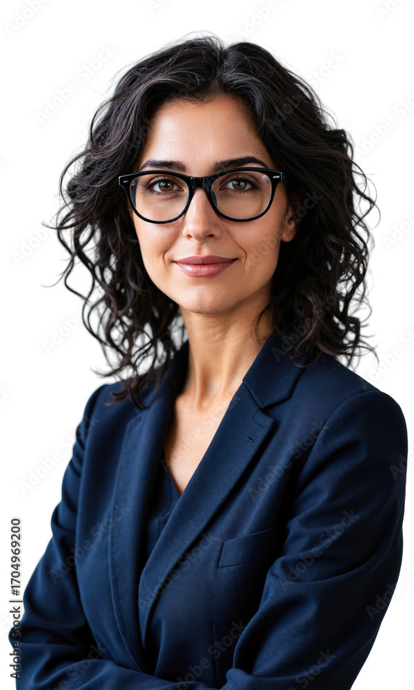 Obraz premium trustworthy legal expert - A close-up headshot of a middle-aged woman with curly hair and glasses wearing a navy suit