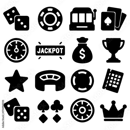 Casino Icon Set: A collection of various casino-related icons, including dice, chips, slot machines, playing cards, Jackpot sign, money bag, stars and crown.