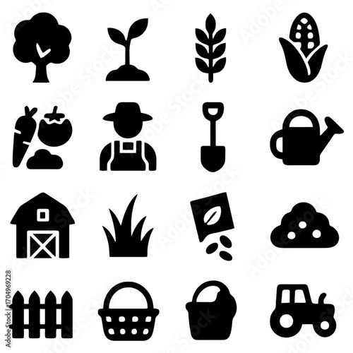 Farming Icons set: A visually appealing set of agriculture-themed icons, perfect for illustrating various aspects of farming, from planting and harvesting to the final product.