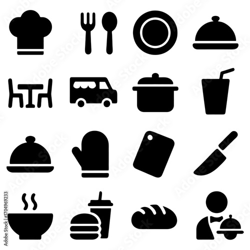 Culinary Icons: A collection of black silhouette icons represents various aspects of food and dining, perfect for culinary-themed designs or presentations. 