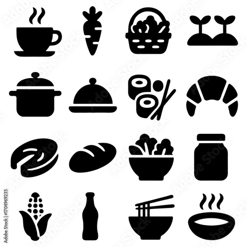 Culinary Collection Icons: A minimalist visual feast, showcasing an array of delectable food icons and essential kitchenware elements, perfect for any food-related theme.