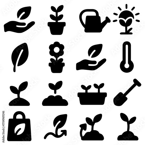 Gardening Essentials: A collection of symbolic illustrations that capture the essence of gardening, from nurturing sprouts to blooming flowers, perfect for educational or thematic content. 