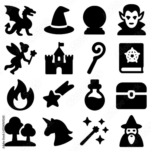 Magic Icon set : A collection of enchanting black icons depicting a realm of magic, fantasy, and sorcery elements in clean and easily recognizable design. The icons are perfect for themes.