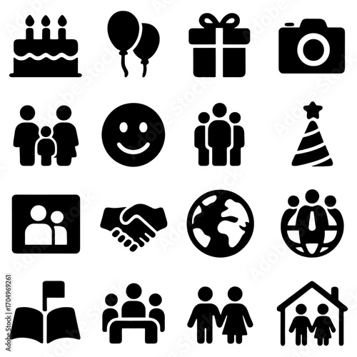 Symbols of Connection: A collage of iconographic elements representing family, community, and celebration. Includes symbols of connection, support, and joy.