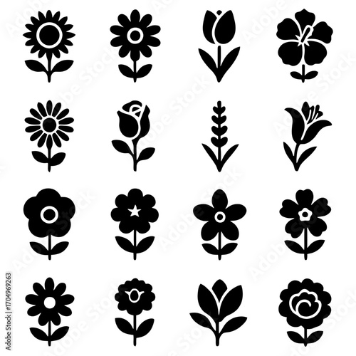 Black Floral Collection: A stylish selection of various black floral icons, featuring diverse flower species for versatile design applications.