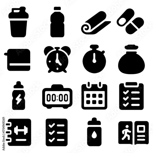 Iconic Fitness Essentials: A comprehensive collection of essential fitness and wellness icons, perfect for illustrating healthy lifestyles.