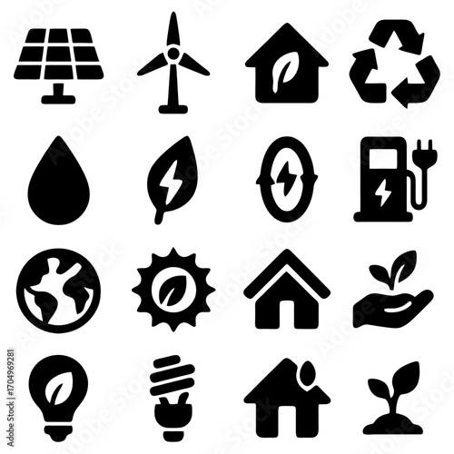 Eco Icons: A meticulously curated collection of vector icons represents key elements of sustainability, encompassing solar panel, wind turbine, leaf, recycle, water droplet, globe and earth.