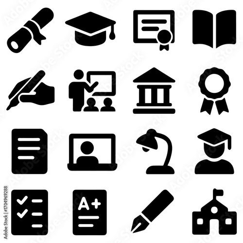 Education Icon Array: A curated collection of icons showcasing core components of education, symbolizing academic achievement and intellectual pursuit.