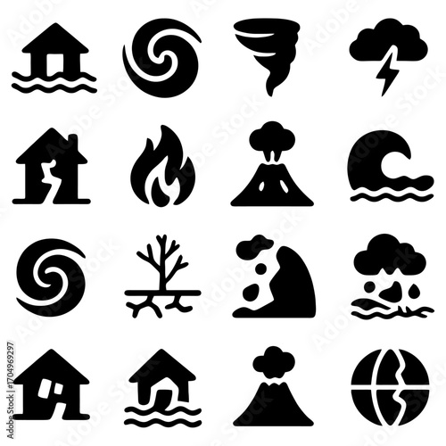 Iconic Depiction of Disasters and Nature's Wrath: A stark collection of minimalistic icons, each representing a different natural disaster.