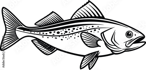 Vector art of black and white illustration of a fish