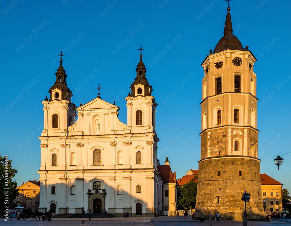 Fototapeta premium European church and bell tower at sunset