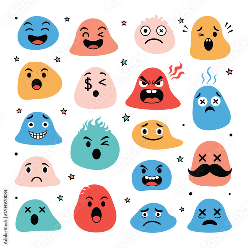 A diverse collection of colorful cartoon emoji faces expressing a wide range of human emotions and feelings.