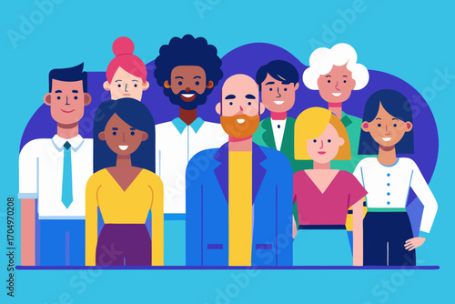 Flat Design Business Team Vector – Diverse Professional People Standing Together in Corporate Style.