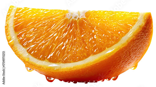 Juicy Slice of Orange: A close-up shot captures a vibrant, freshly cut orange slice, droplets of juice clinging to its textured skin, inviting refreshment.