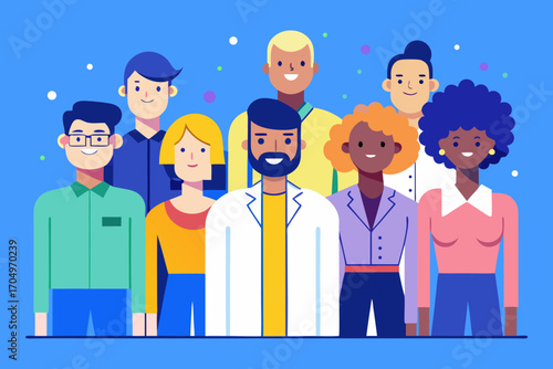 Flat Design Business Team Vector – Diverse Professional People Standing Together in Corporate Style.