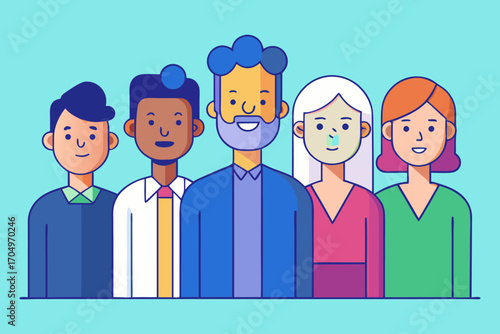 Flat Design Business Team Vector – Diverse Professional People Standing Together in Corporate Style.