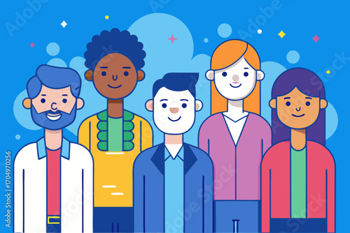 Flat Design Business Team Vector – Diverse Professional People Standing Together in Corporate Style.